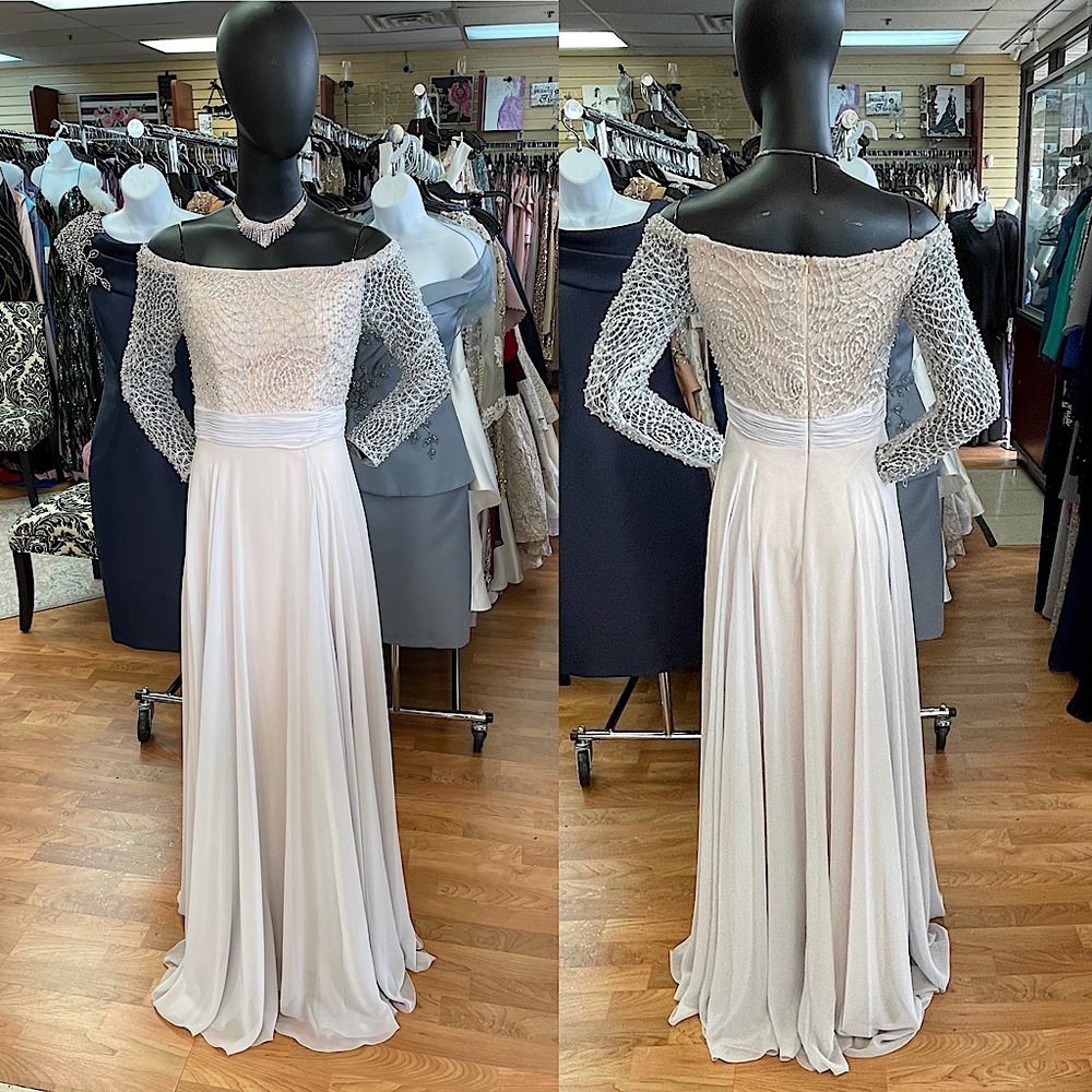 Silver long off shoulder chiffon dress with sleeve by Terani Courure size 8 nwt